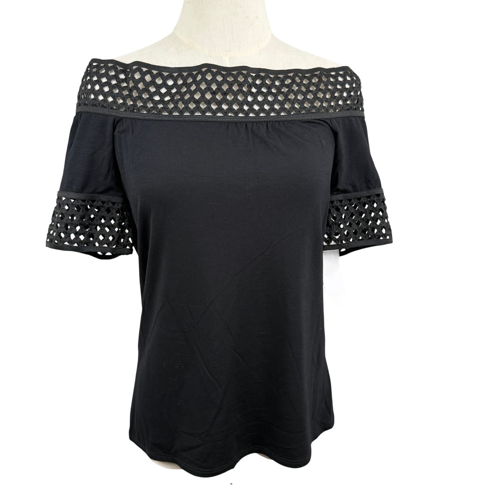 NWT Montagne M Umbra Off Shoulder Top Black‎ Crochet Lattice Trim Boho Chic Goth